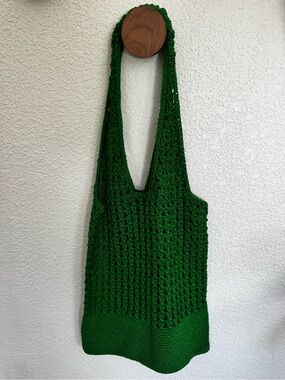 Free People Green Crochet Knit Market Tote Bag 13x15 Boho Slouchy Shoulder Bag